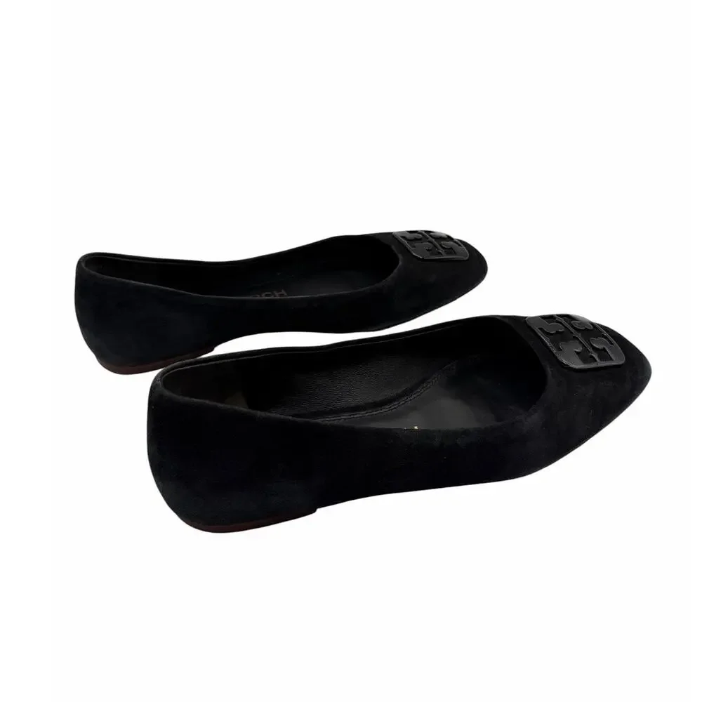 Tory Burch Gigi Ballet Flats Black Suede Square Toe Logo Size 8 Quiet Luxury